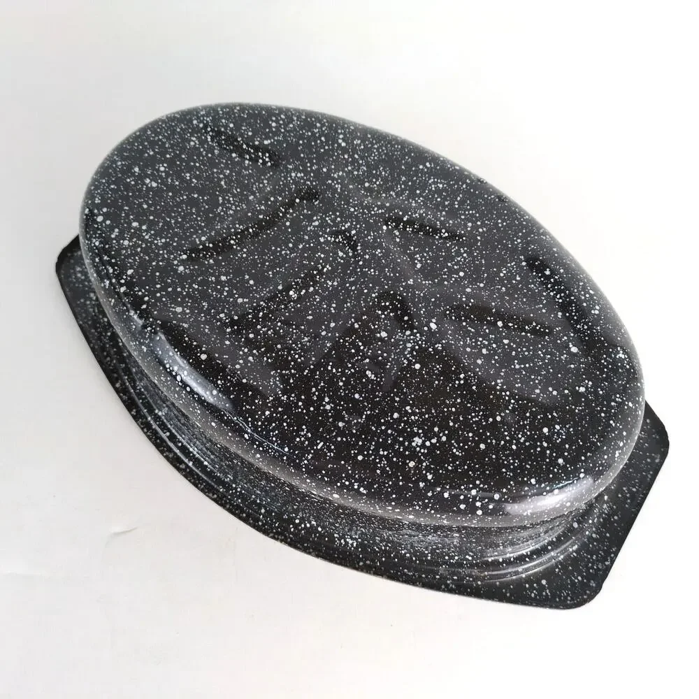 Vintage Black Graniteware Oval Small‎ Oven Roasting Pan, Speckled Enamel 13x8